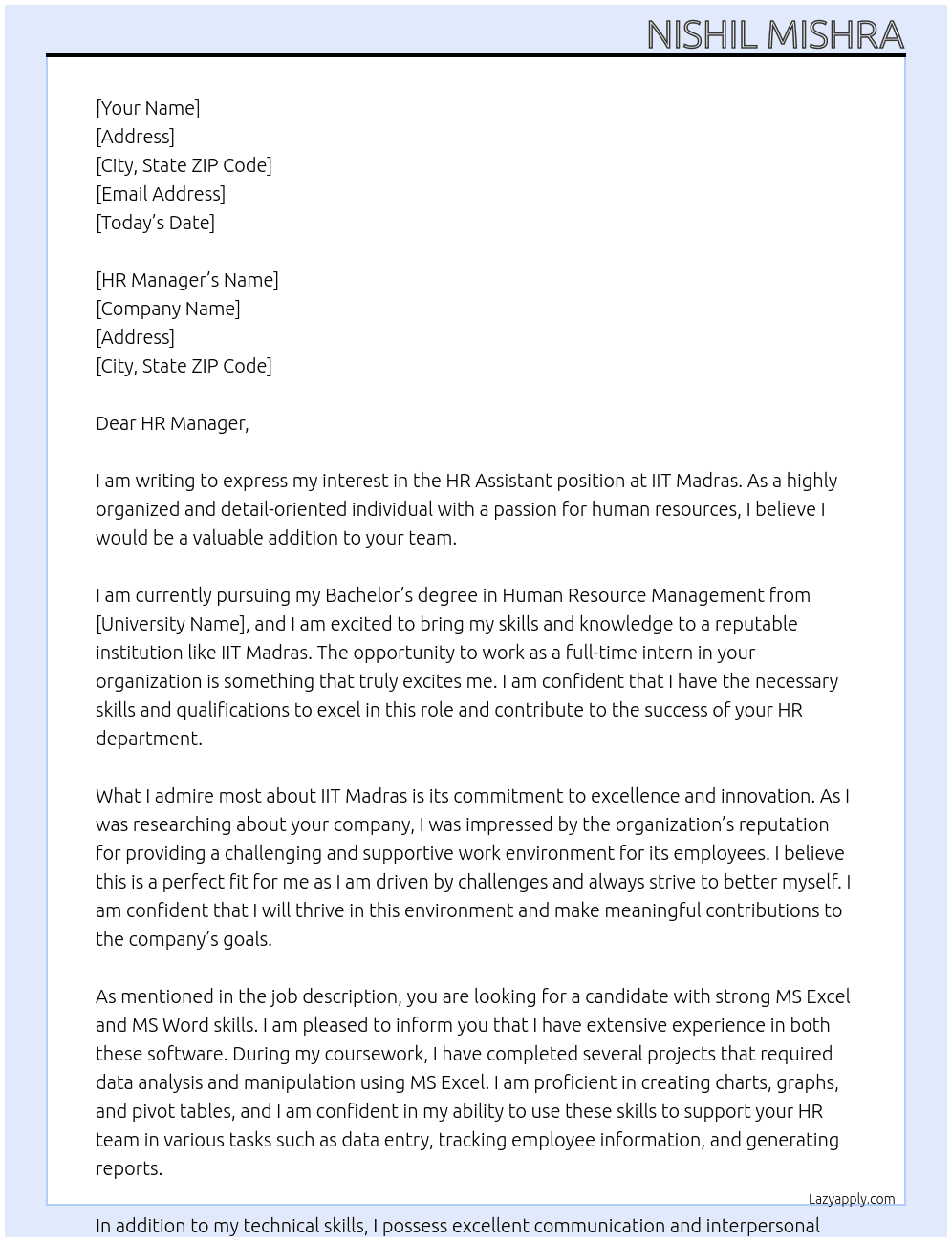 HR assistant  At IIT Madras  Cover Letter
