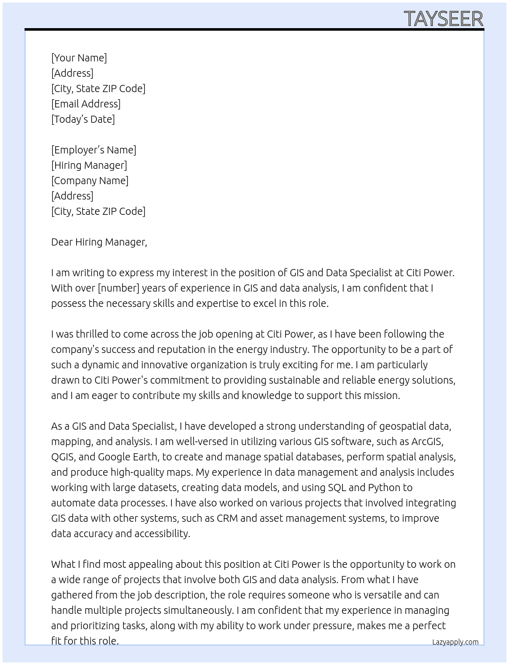GIS and Data Specialist At Citi power Cover Letter