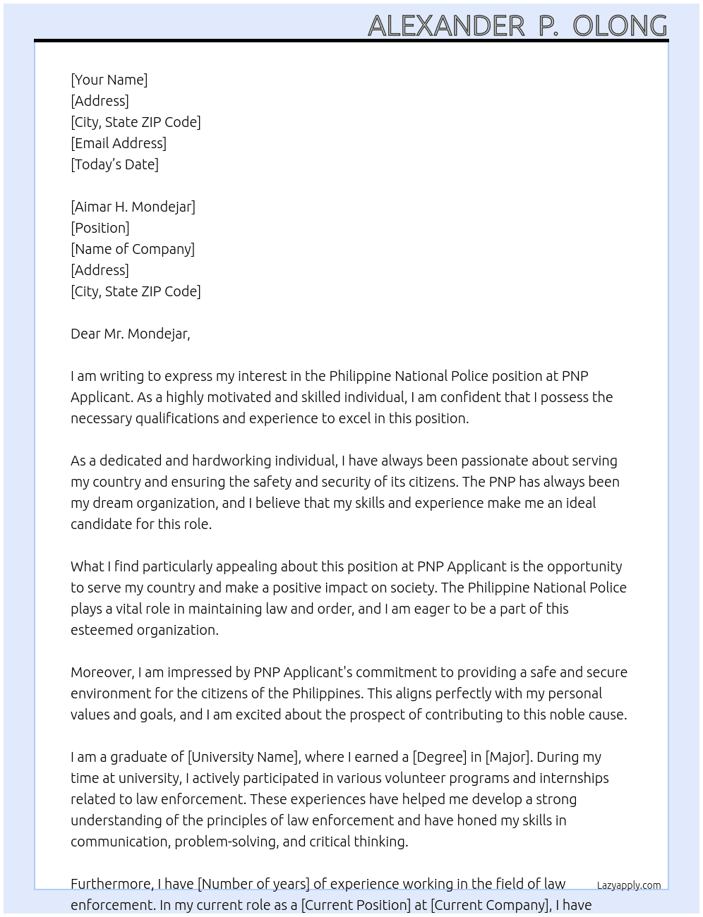 philippine national police At PNP Applicant Cover Letter