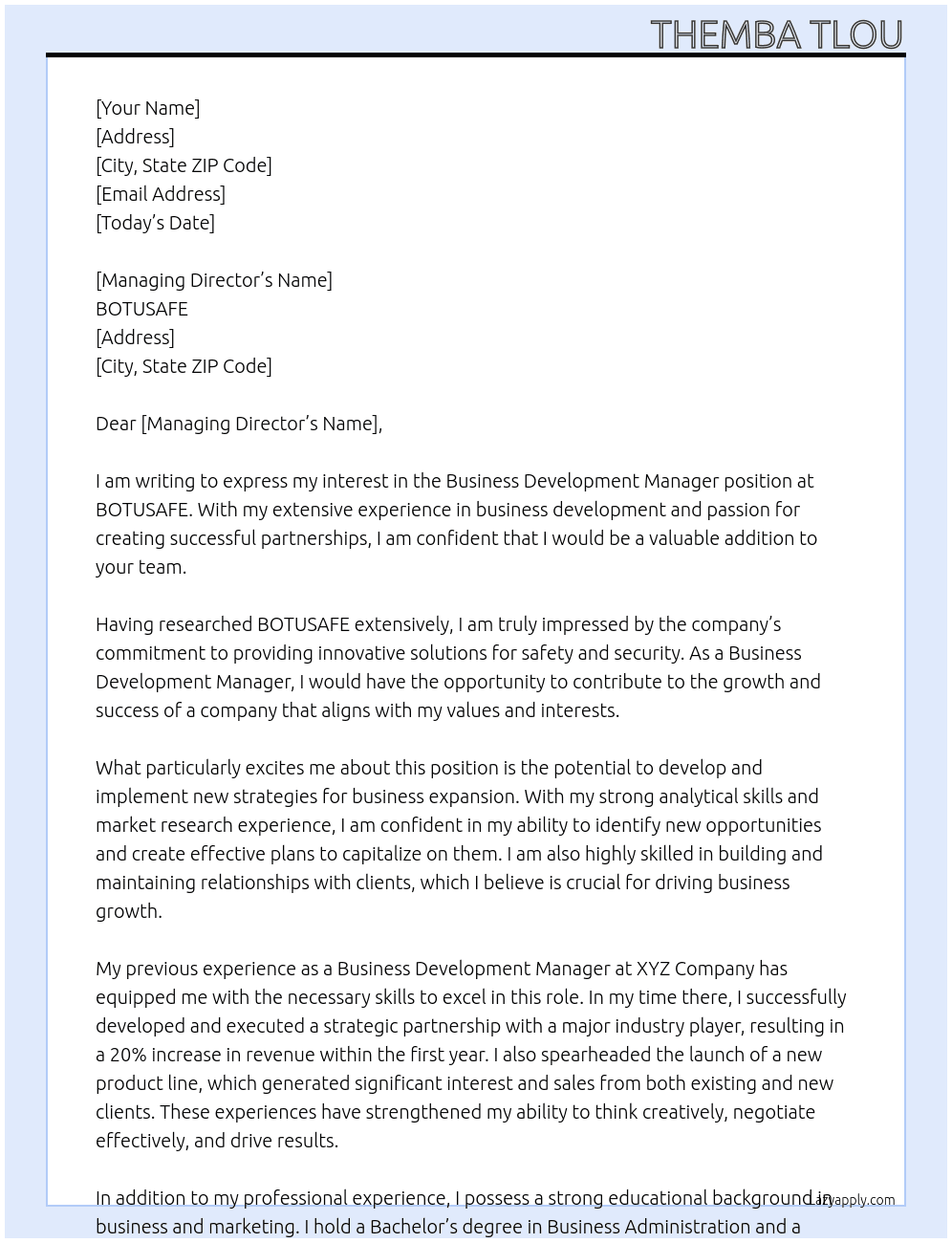 Business Development Manager At BOTUSAFE Cover Letter
