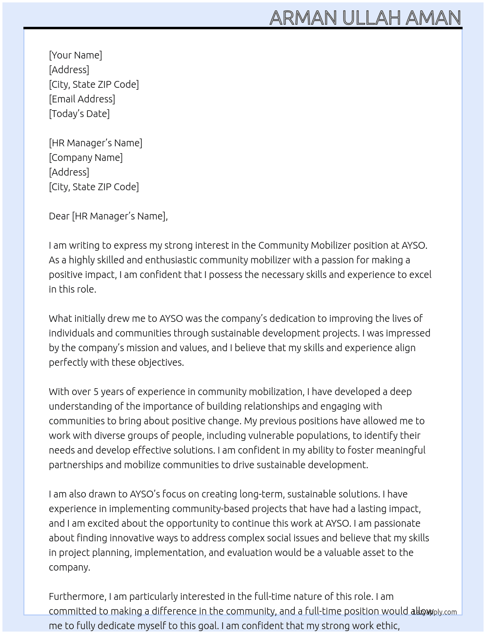 Community mobilizer  At AYSO Cover Letter