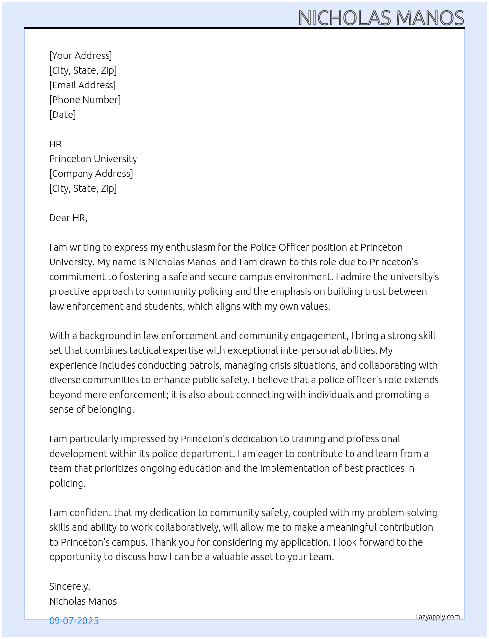 Police Officer At Princeton University Cover Letter