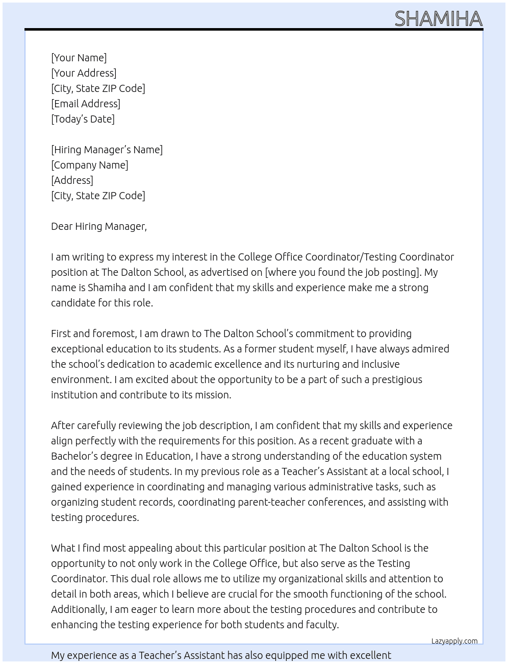 College Office Coordinator/Testing Coordinator At The Dalton School Cover Letter