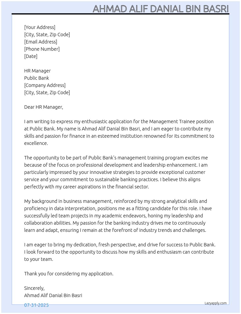 Management Trainee At Public Bank  Cover Letter