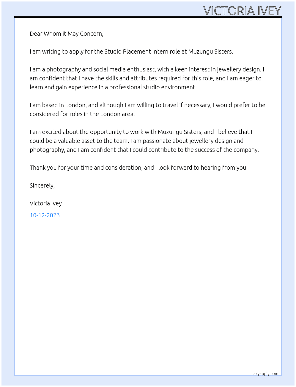 Studio Placement Intern At Muzungu Sisters Cover Letter