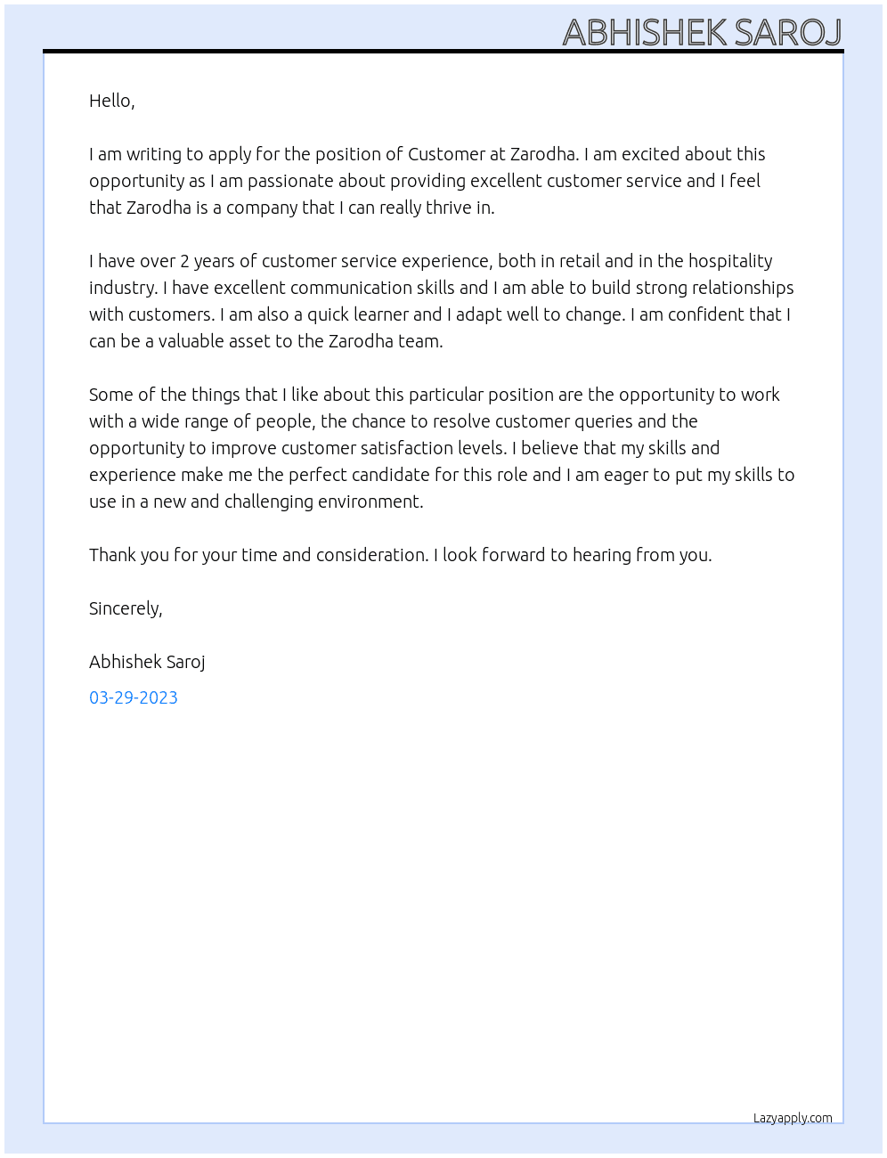 Customer  At Zarodha  Cover Letter