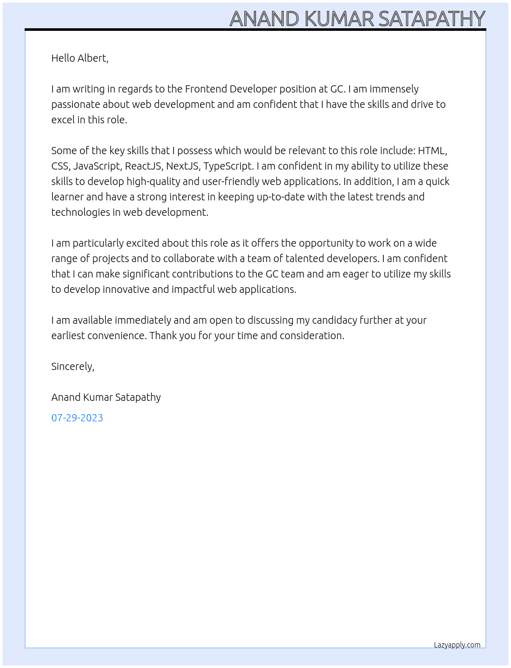 Frontend Developer At GC  Cover Letter