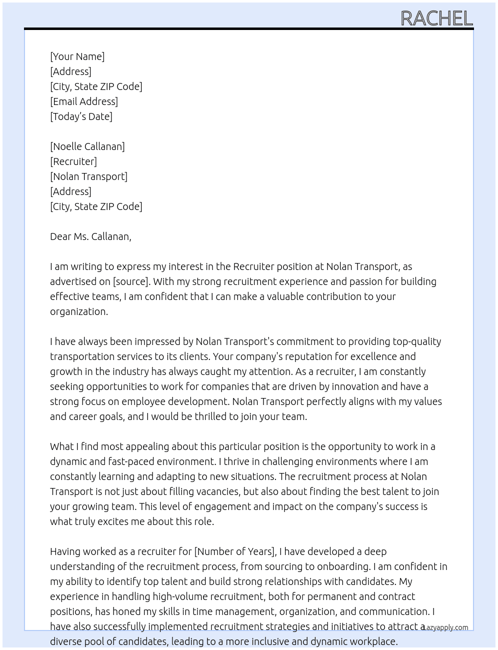 Recruiter At Nolan Transport Cover Letter
