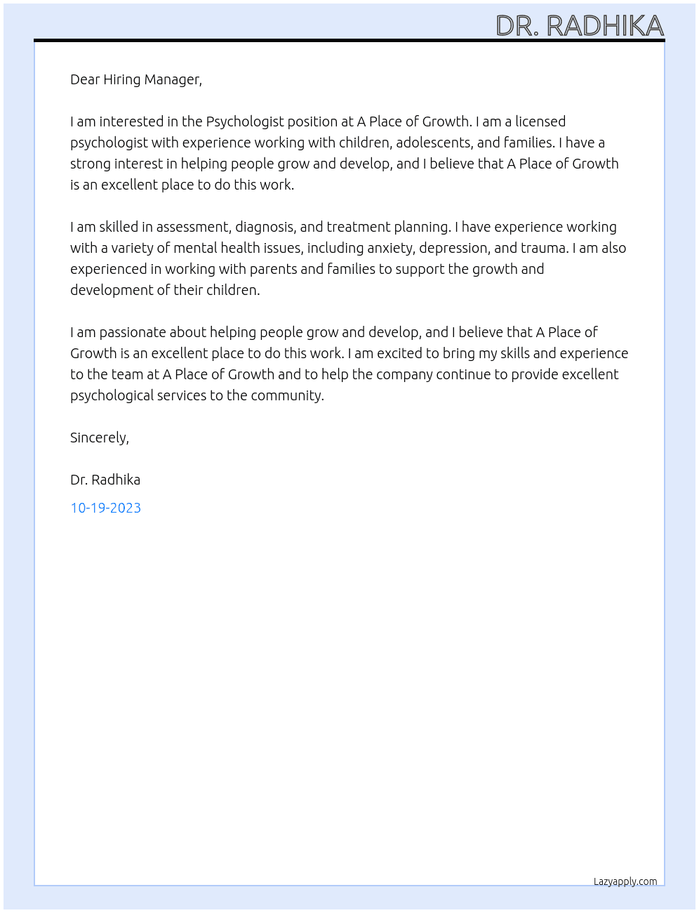 Psychologist At A place of Growth Cover Letter