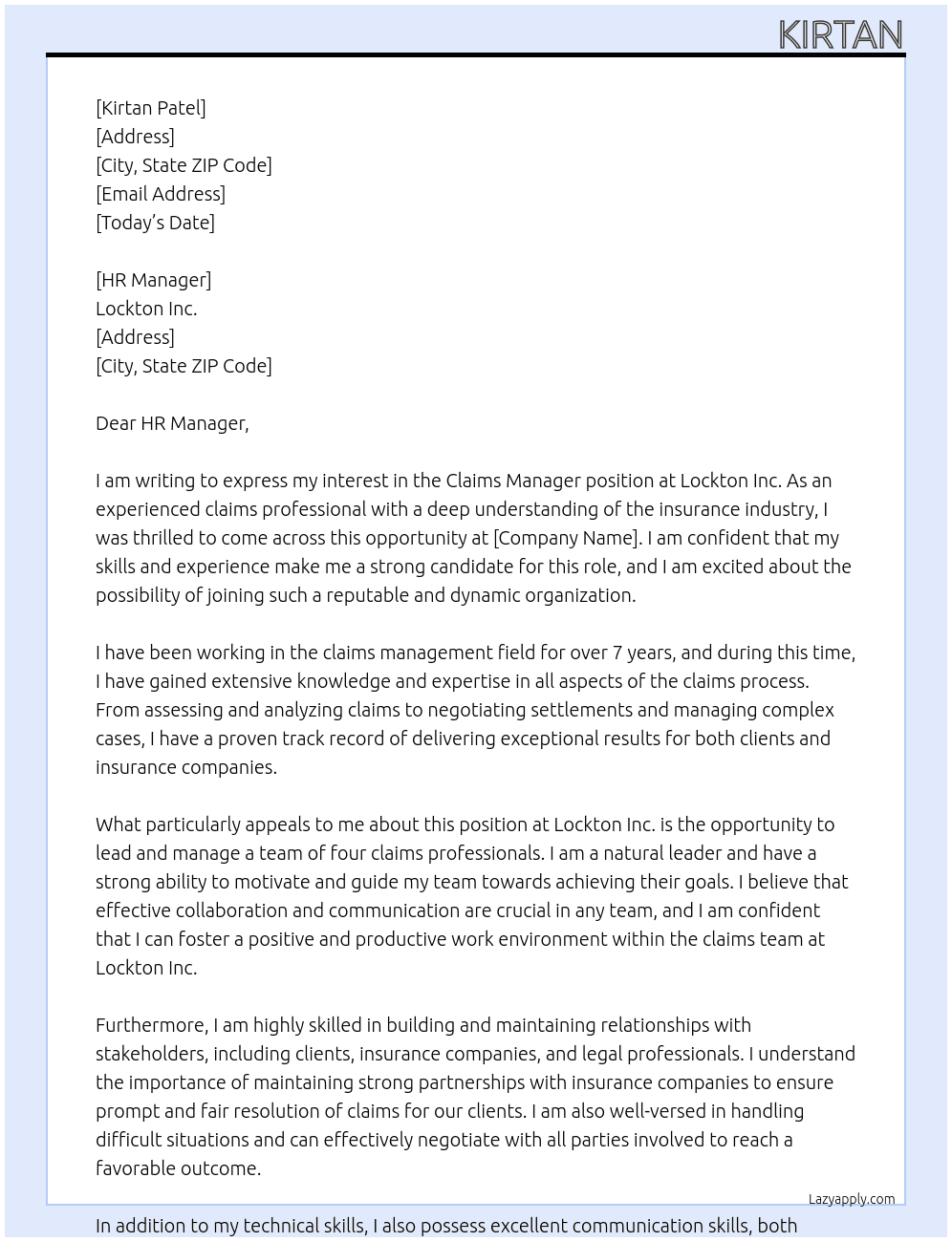 Claims Manager At Patel Cover Letter