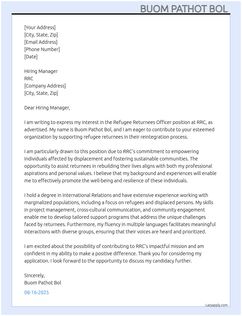 Refugee Returnees offi At RRC Cover Letter