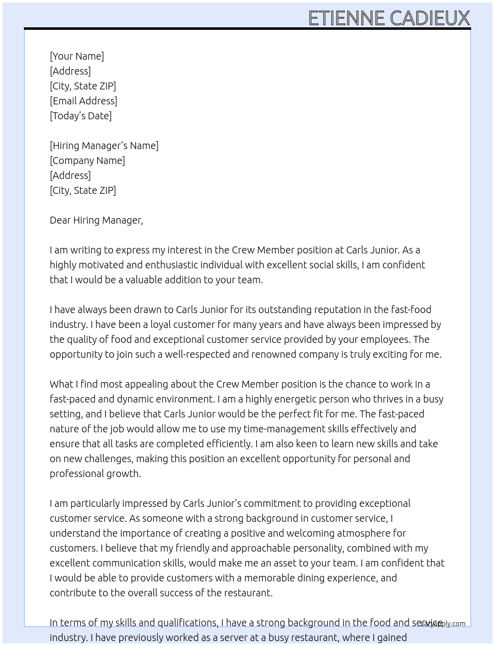 Crew Member At Carls Junior Cover Letter