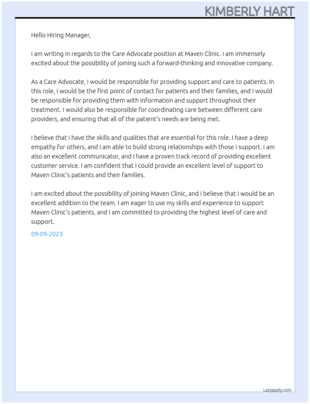 Care advocate  At Maven Clinic Cover Letter