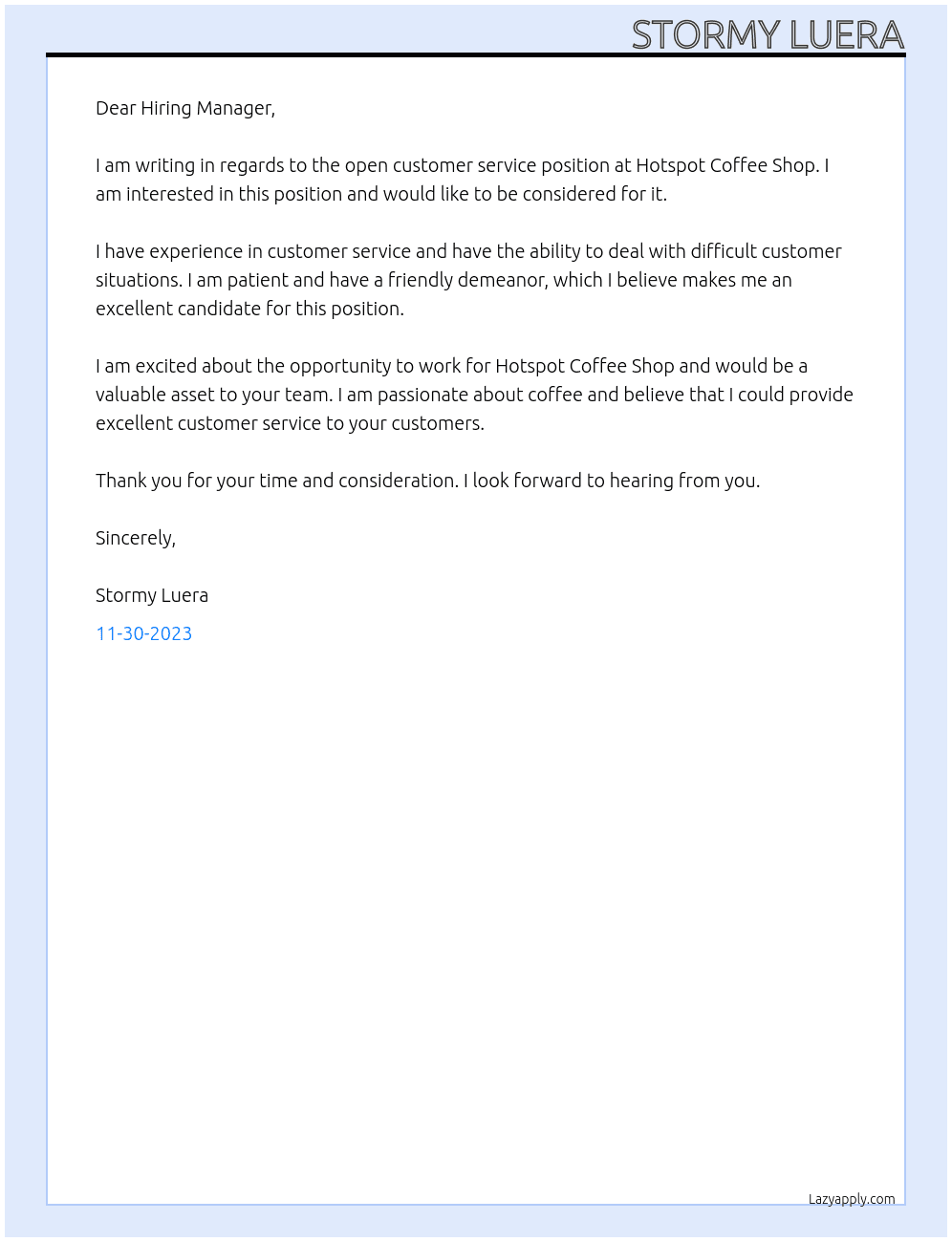Customer service At Hotspot Coffee Shop Cover Letter