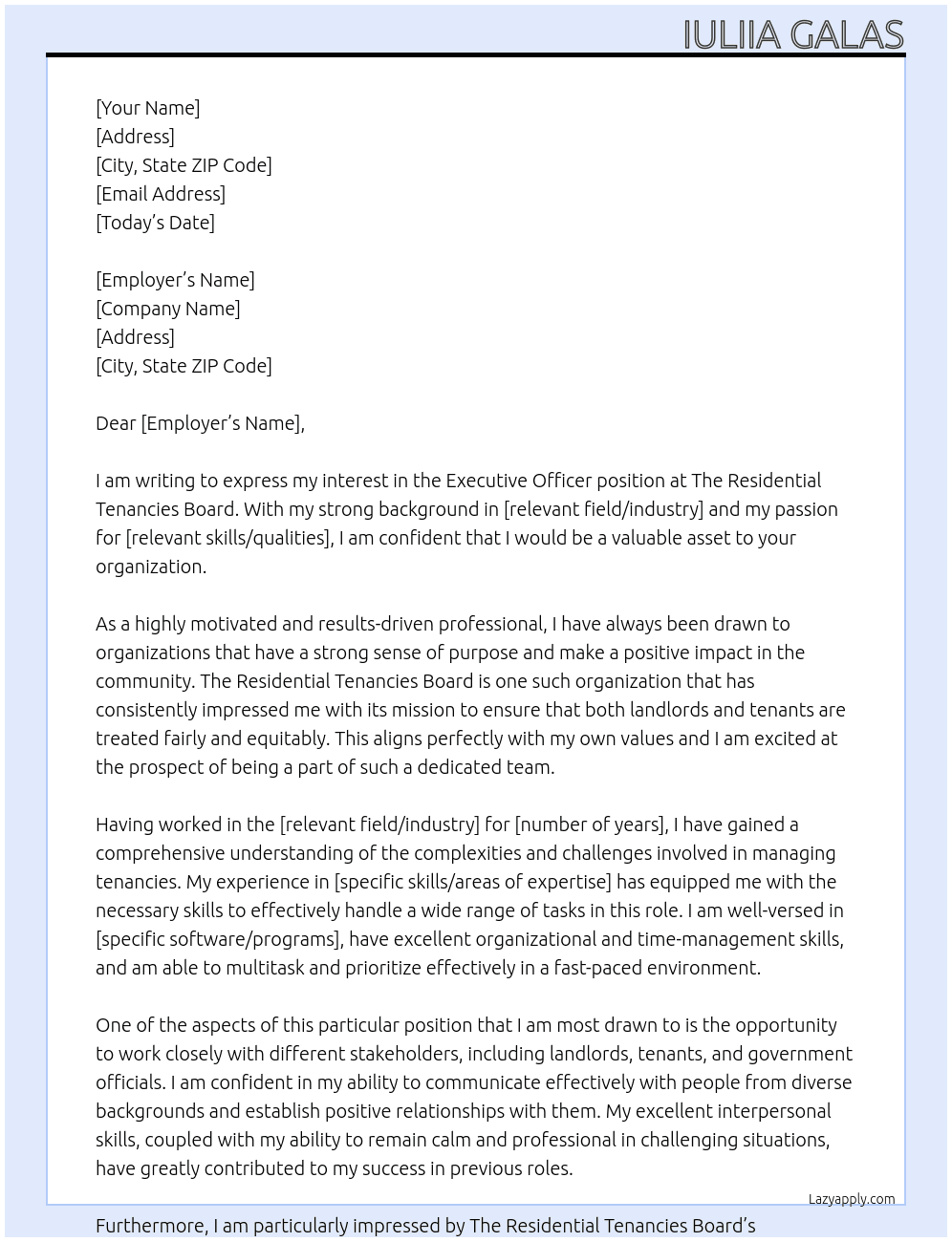 Executive Officer  At The Residential Tenancies Board Cover Letter