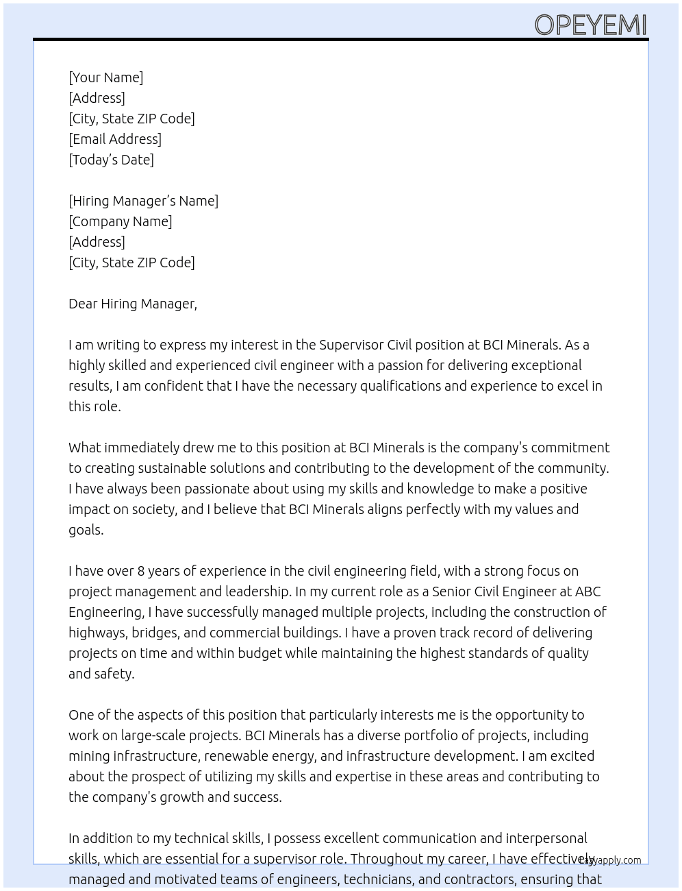 Supervisor Civil At BCI Minerals Cover Letter