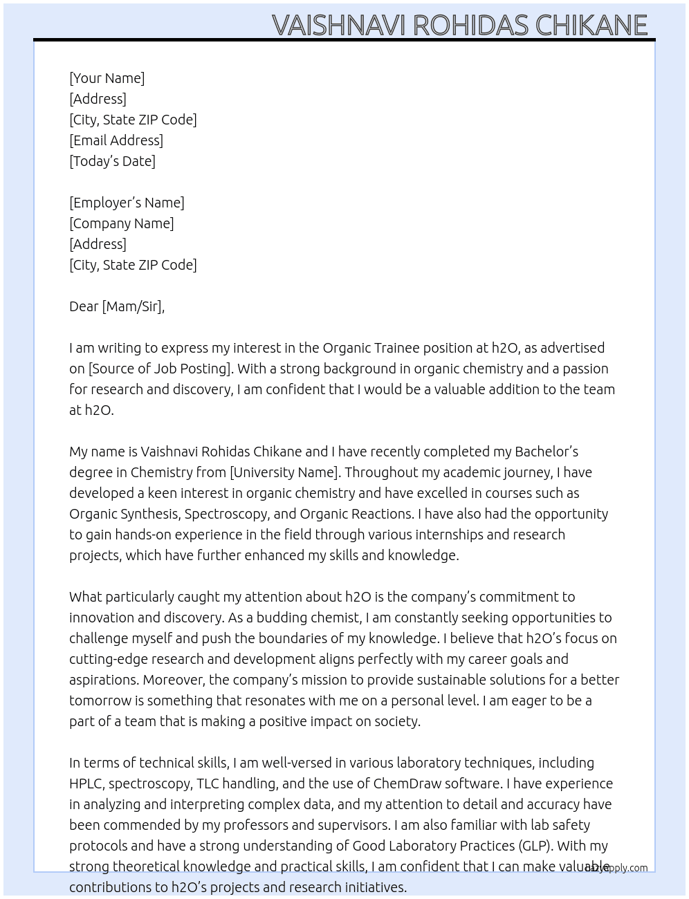 Organic trainee At h2O Cover Letter