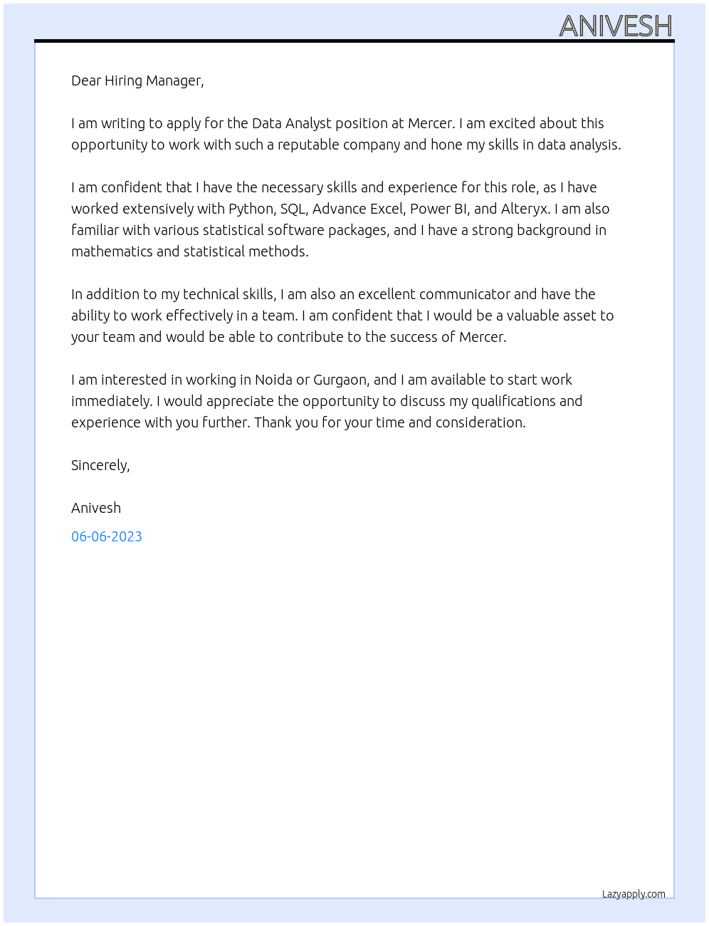 Data Analyst At Mercer Cover Letter