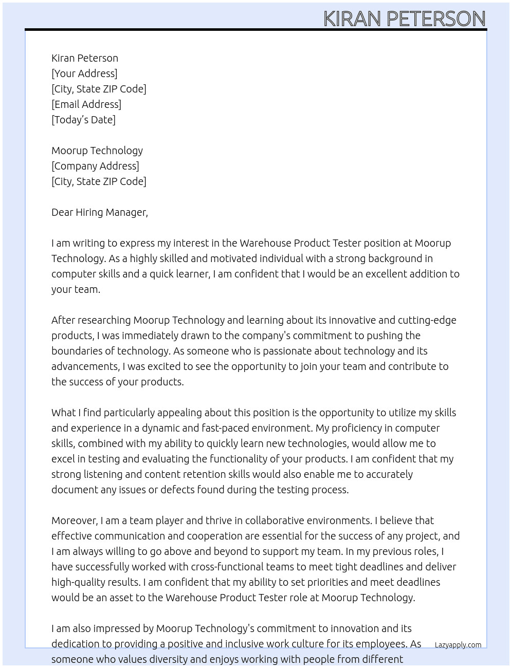 Warehouse Product Tester At Moorup Technology Cover Letter