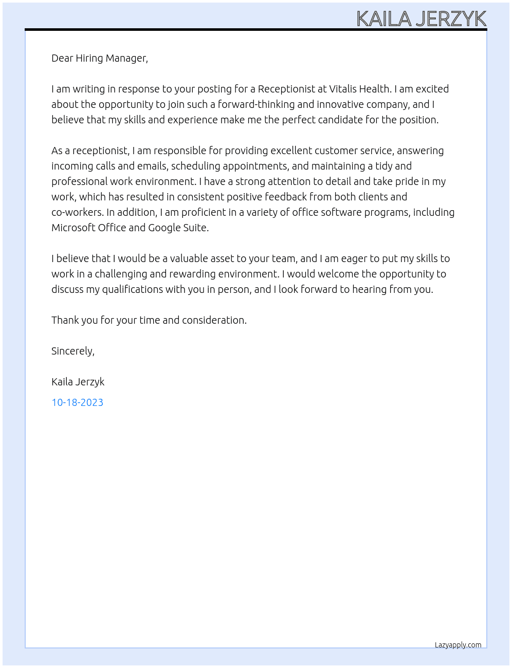 Receptionist At Vitalis Health Cover Letter