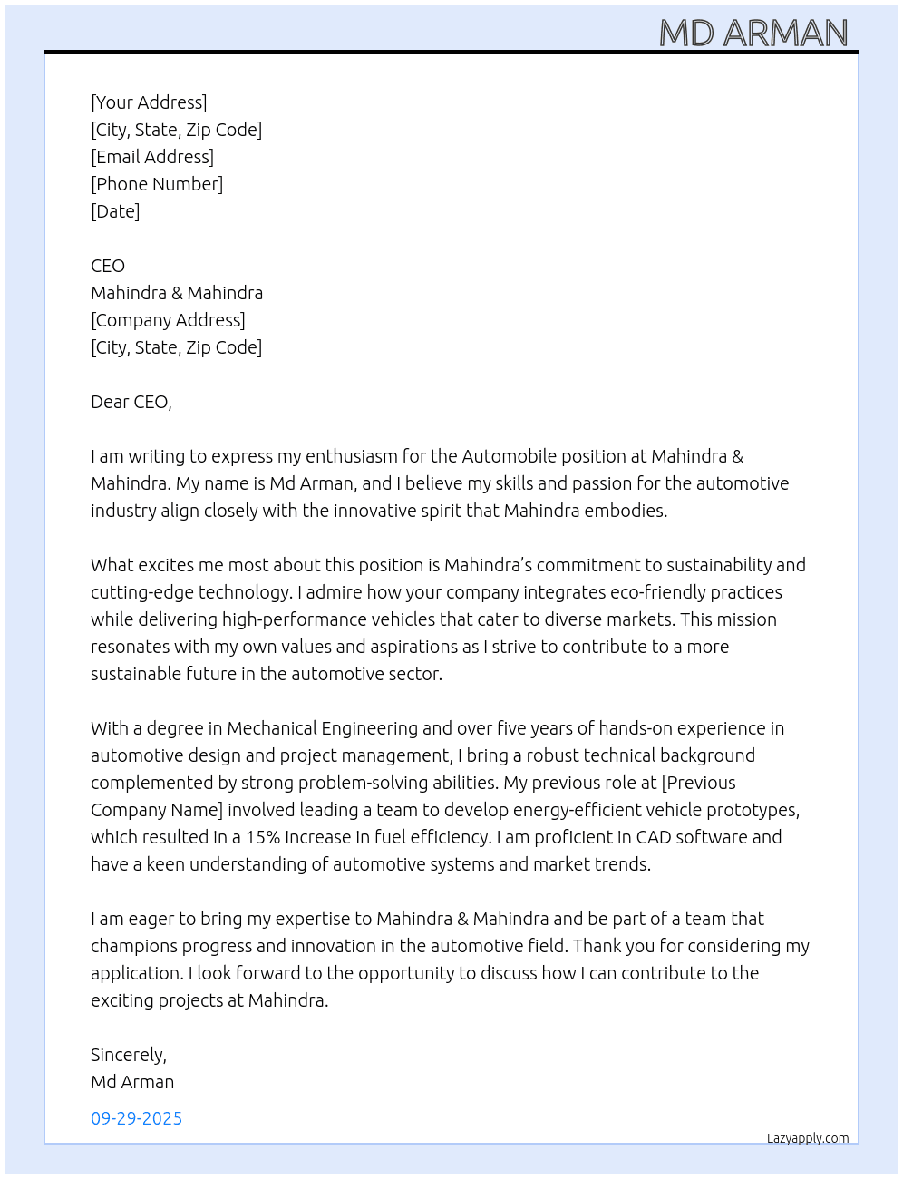 Auto mobile  At Mahendra  Cover Letter