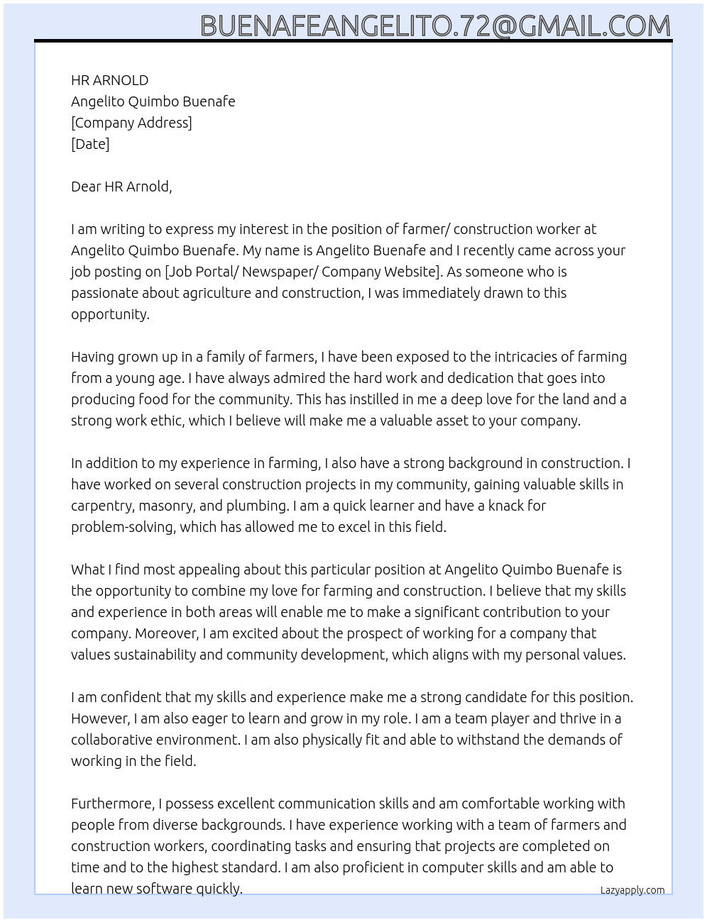 farmer/ construction worker At Angelito Quimbo Buenafe Cover Letter