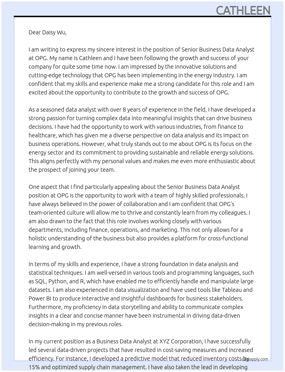 Senior Business Data Analyst At OPG Cover Letter