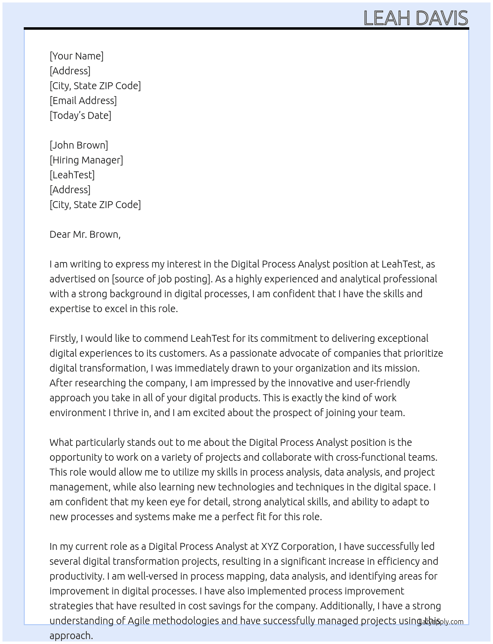 digital process analyst At LeahTest Cover Letter