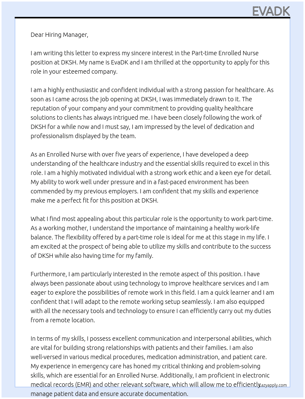 Part time Enrolled nurse At DKSH Cover Letter