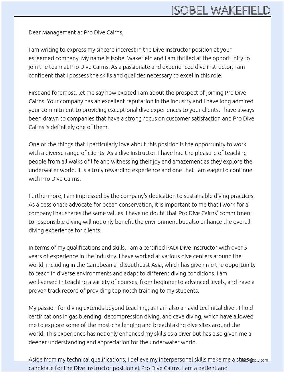 Dive Instructor At Pro Dive Cairns Cover Letter