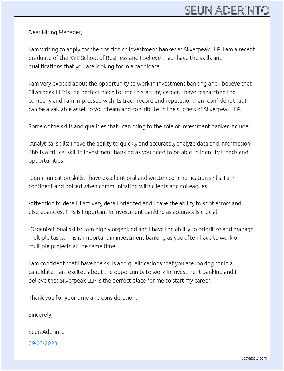Investment banking  At Silverpeak LLP Cover Letter