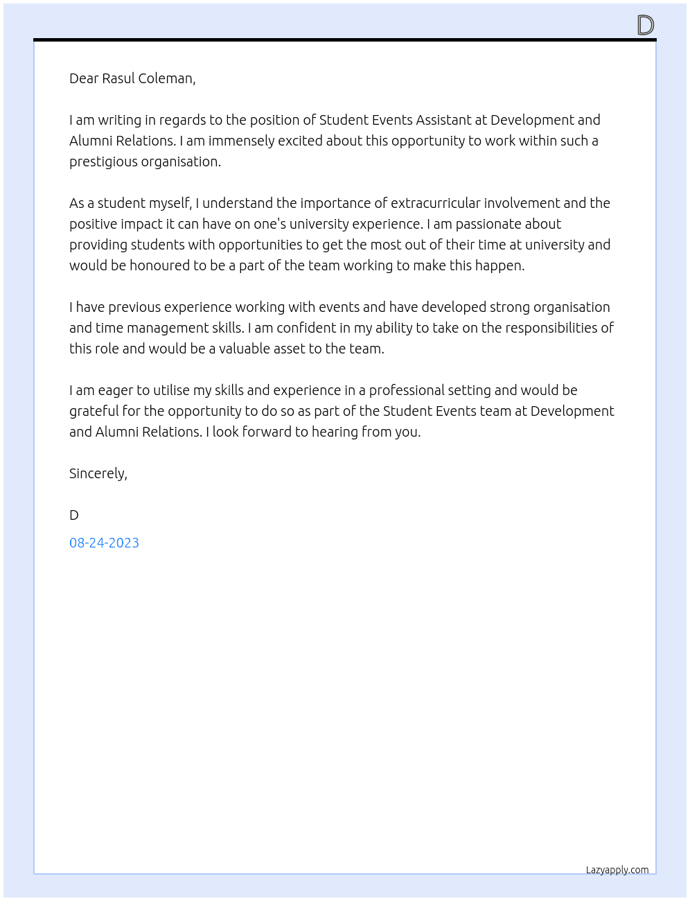 Student Events Assistant At Development and Alumni Relations Cover Letter