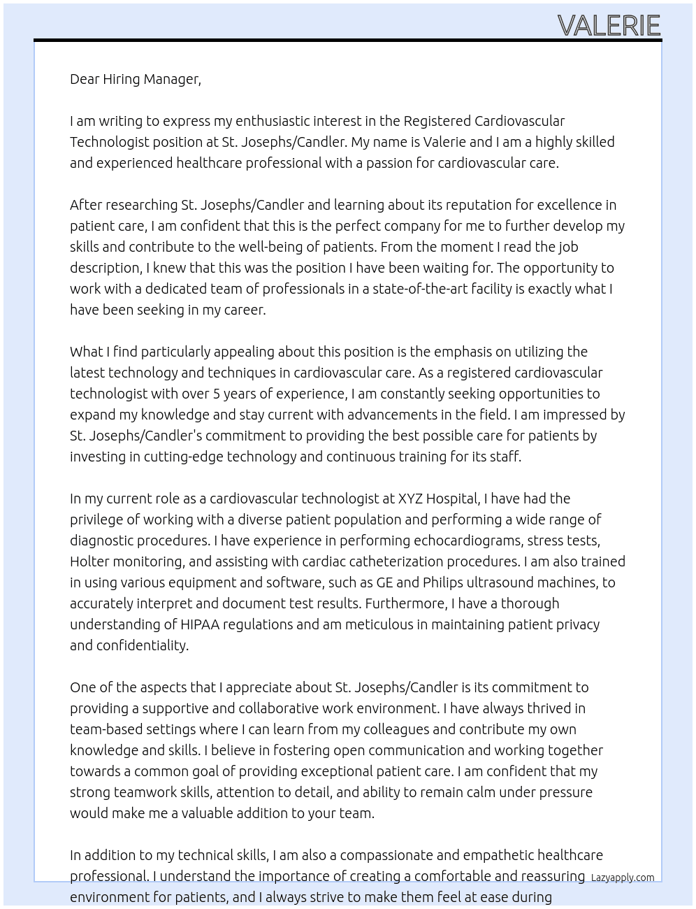 Registered Cardiovascular Technologist  At St.Josephs/Candler Cover Letter