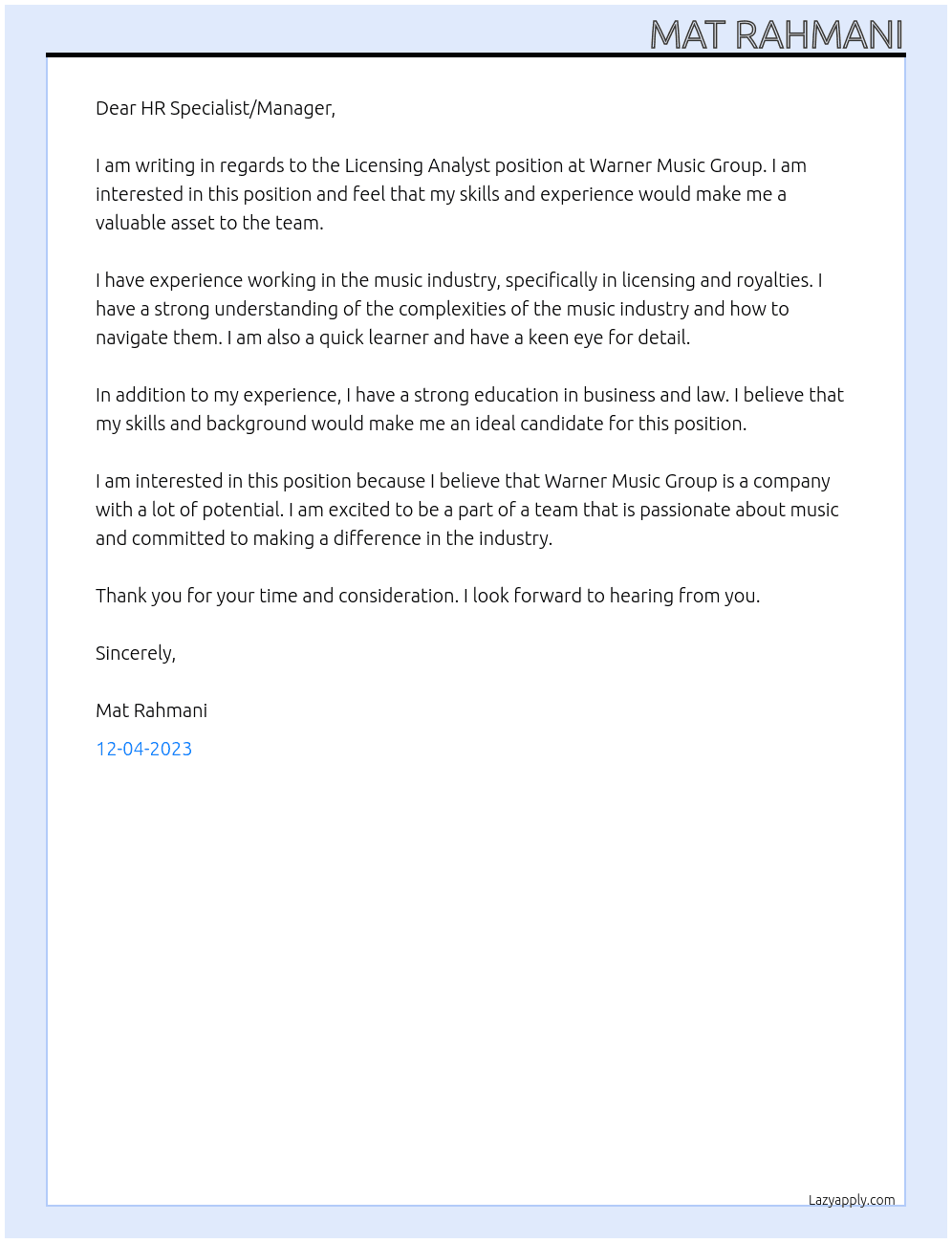 Licensing Analyst At Warner Music Group Cover Letter