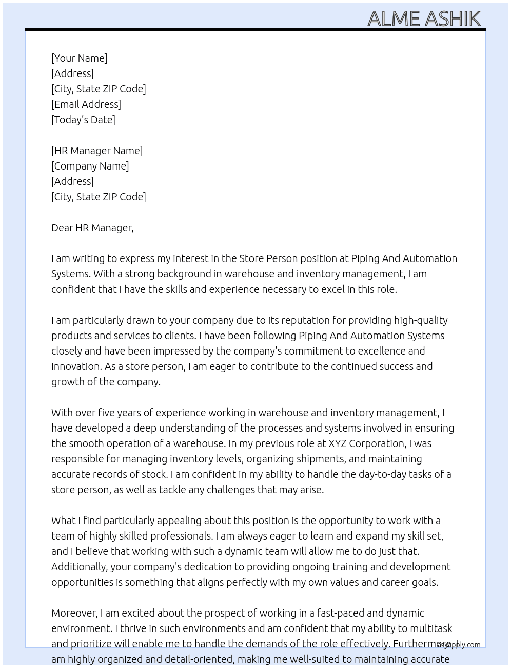 Store Person  At Piping And Automation Systems Cover Letter