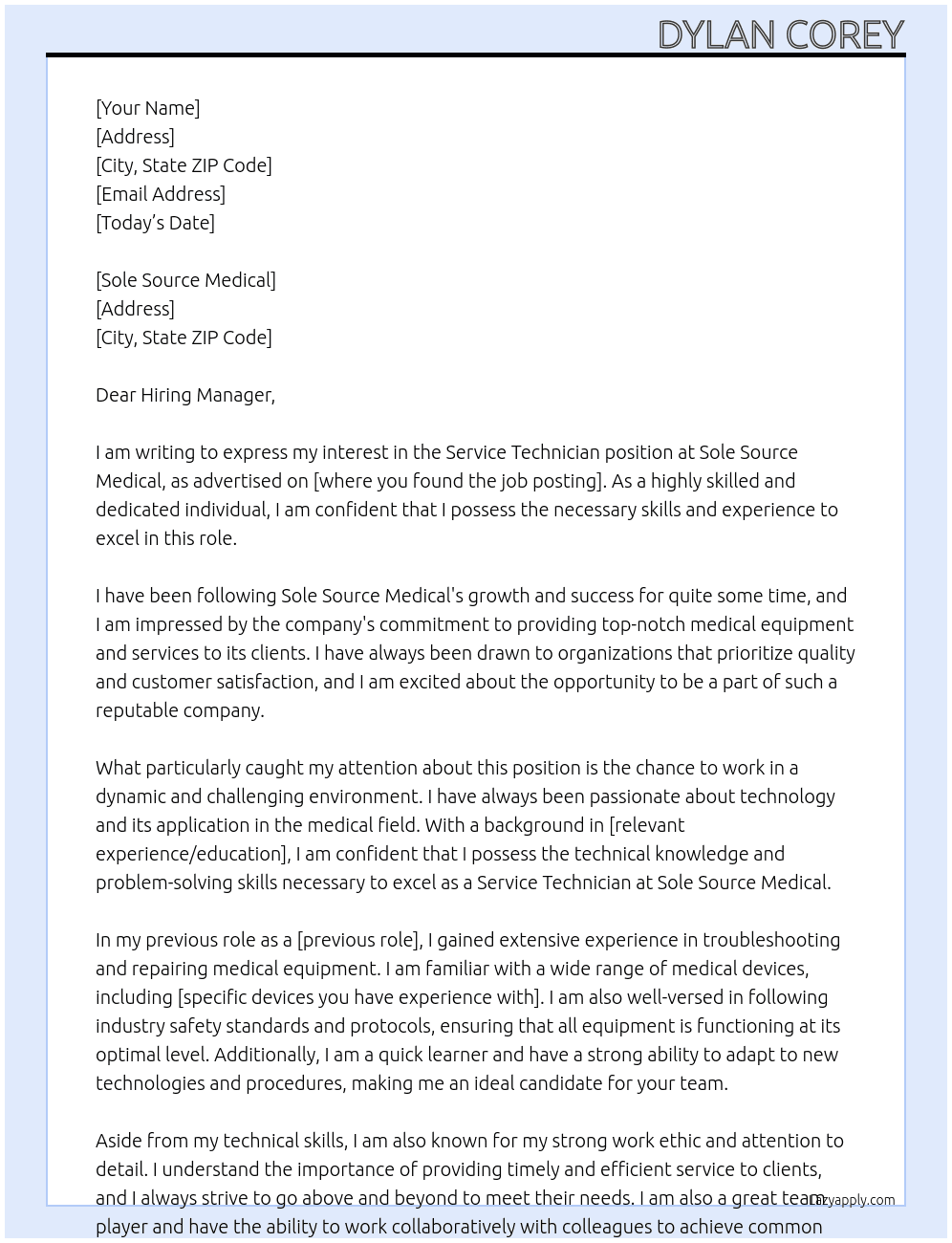 Service Technician At Sole Source Medical Cover Letter