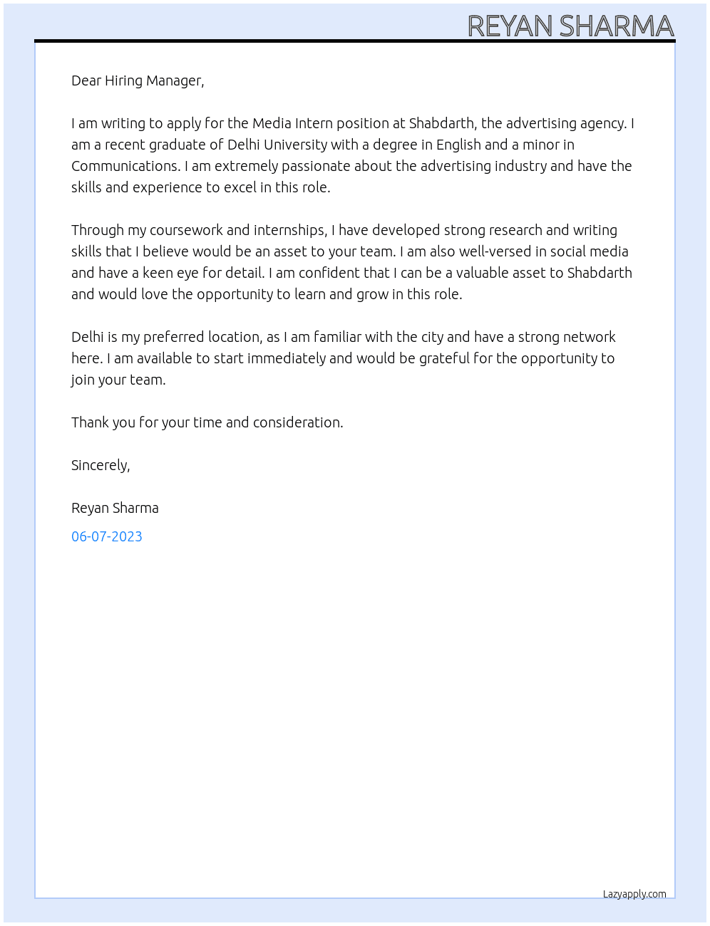 Media intern At Shabdarth, the advertising agency Cover Letter