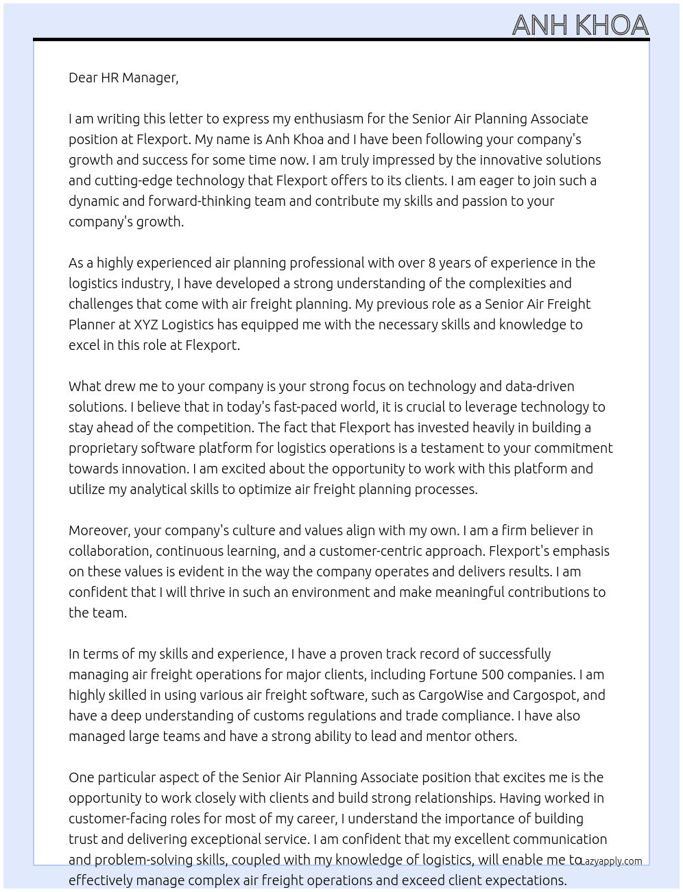 Senior air planning associate At Flexport Cover Letter