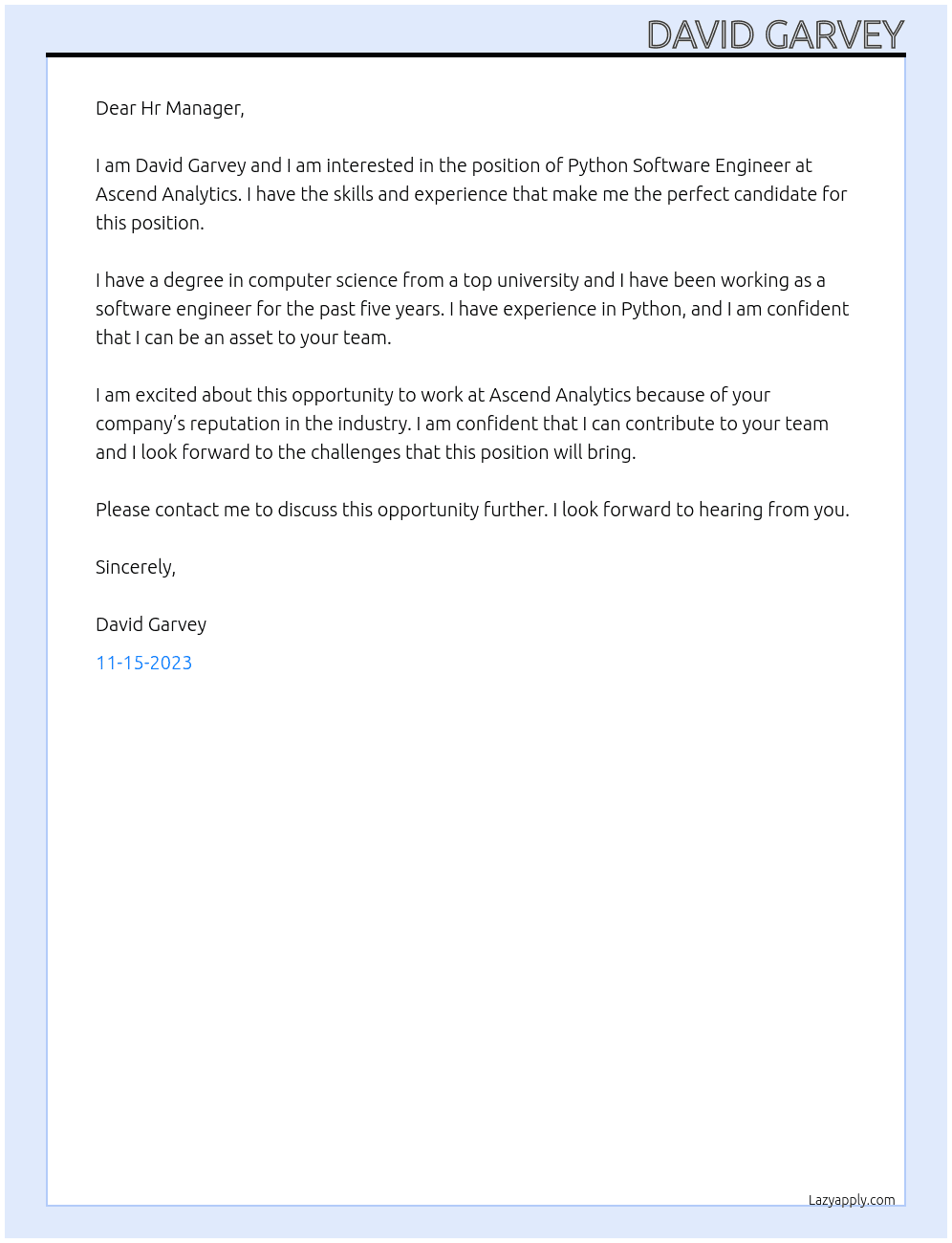 Python Software Engineer At Ascend Analytics Cover Letter