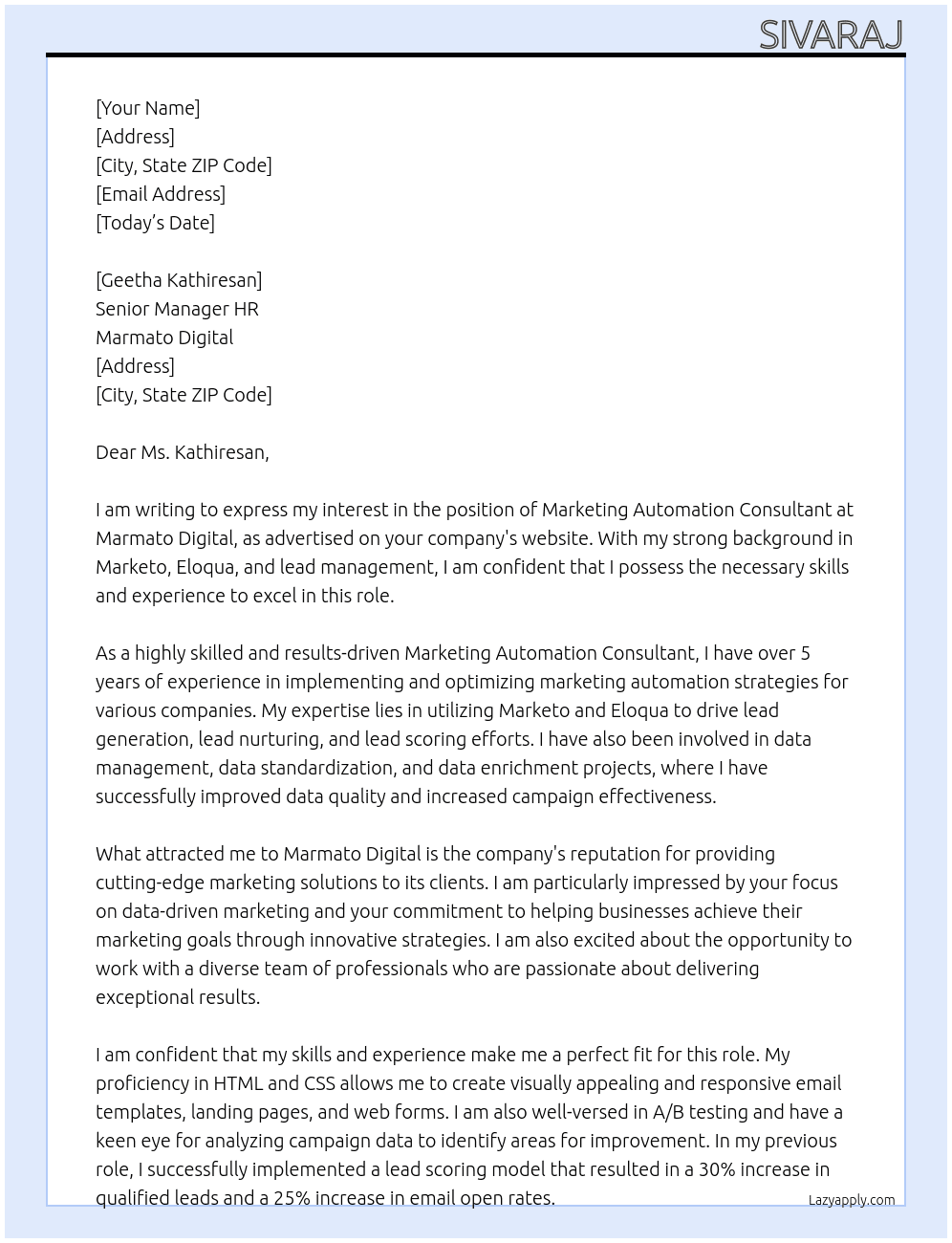 Marketing Automation Consultant At Marmato Digital Cover Letter