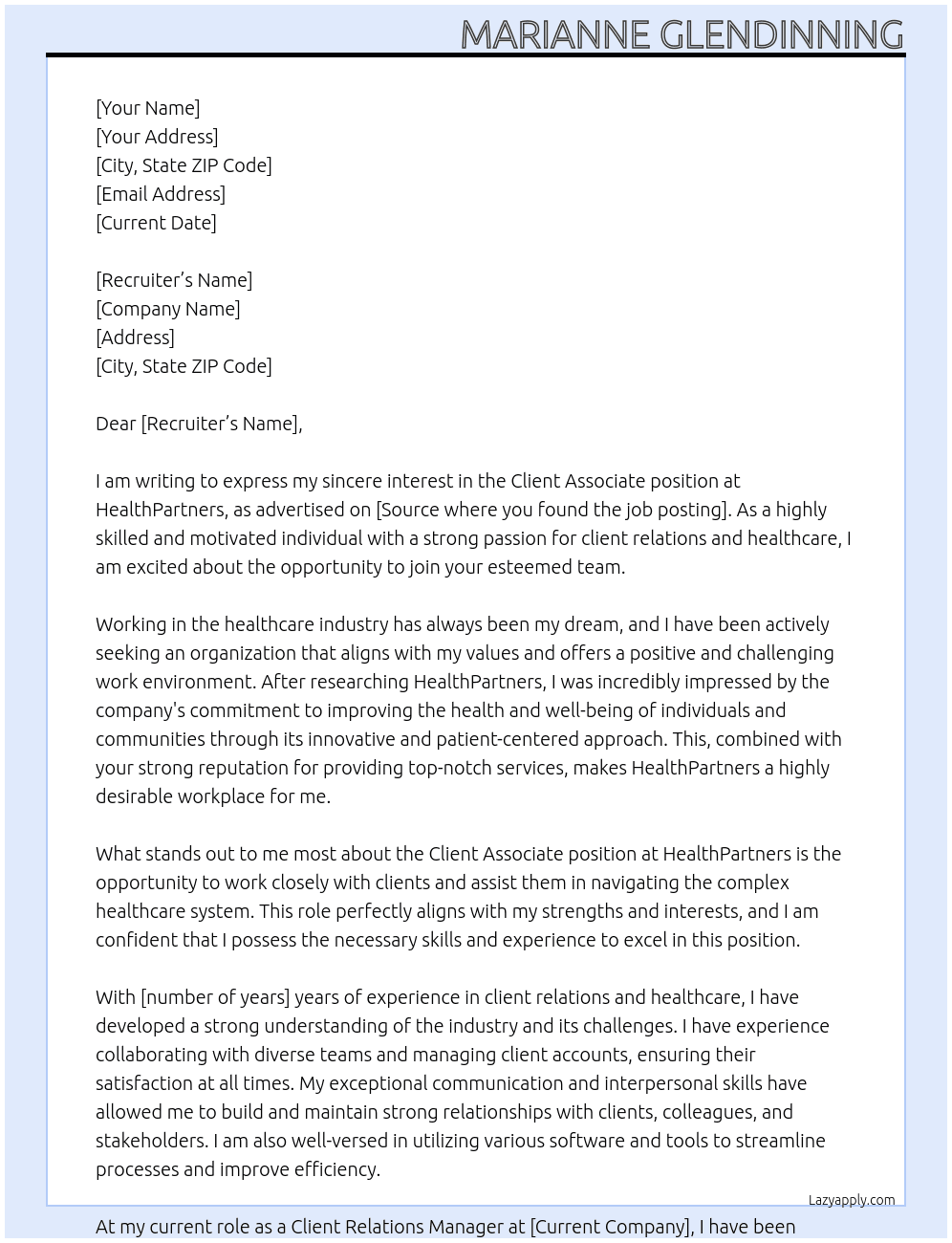 Client Associate At HealthPartners Cover Letter