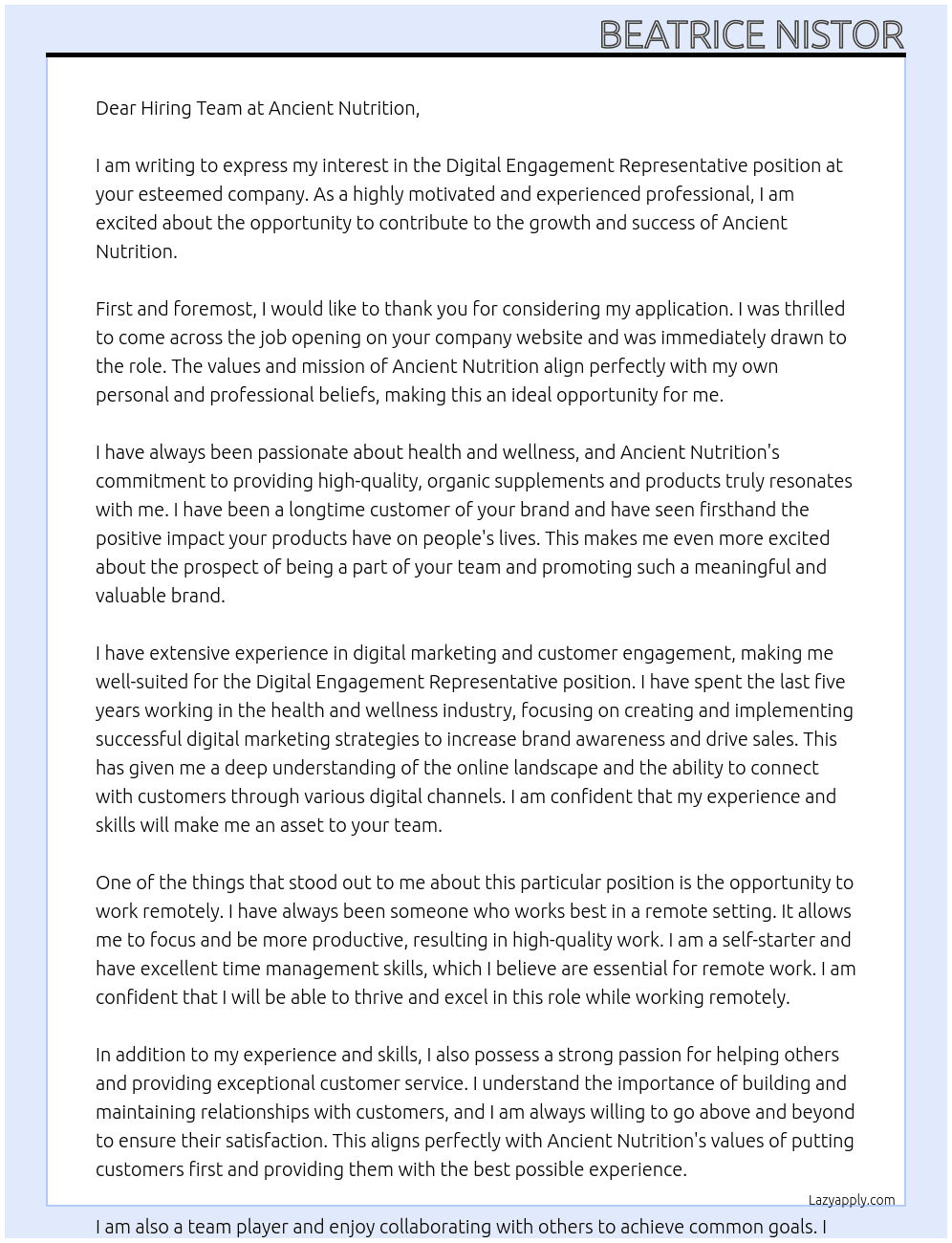 Digital Engagement Representative At Ancient Nutrition Cover Letter