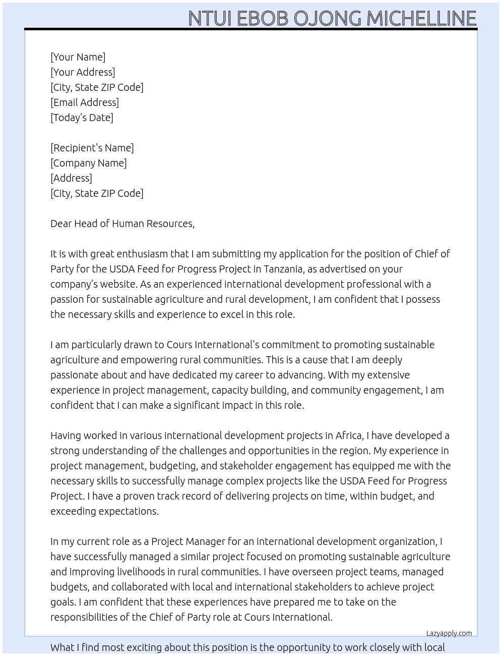Chief of Party USDA feed for progress project Tanzania  At Cours International  Cover Letter