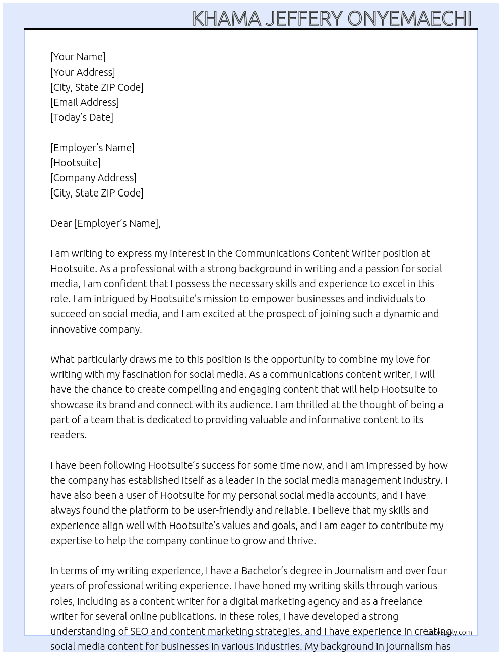 Communications content writer At Hootsuite  Cover Letter