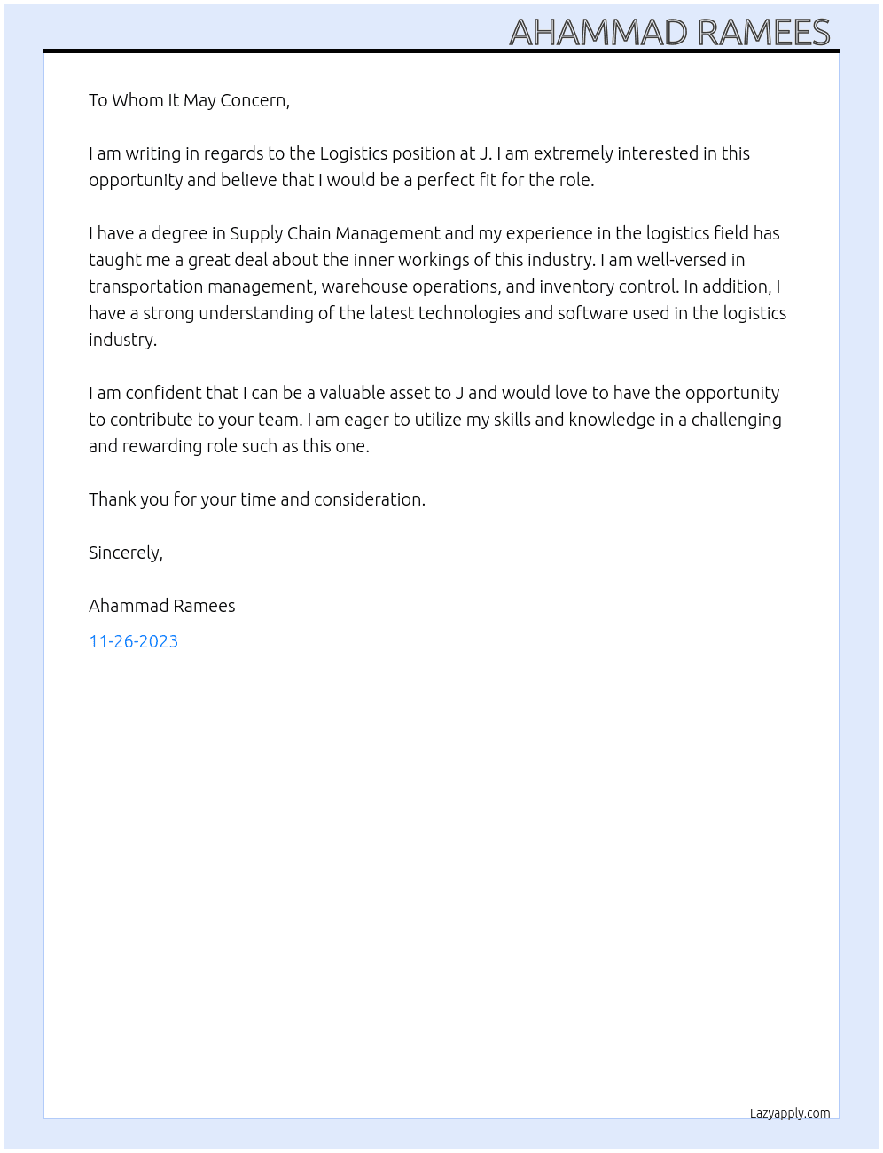 Logistics  At J Cover Letter