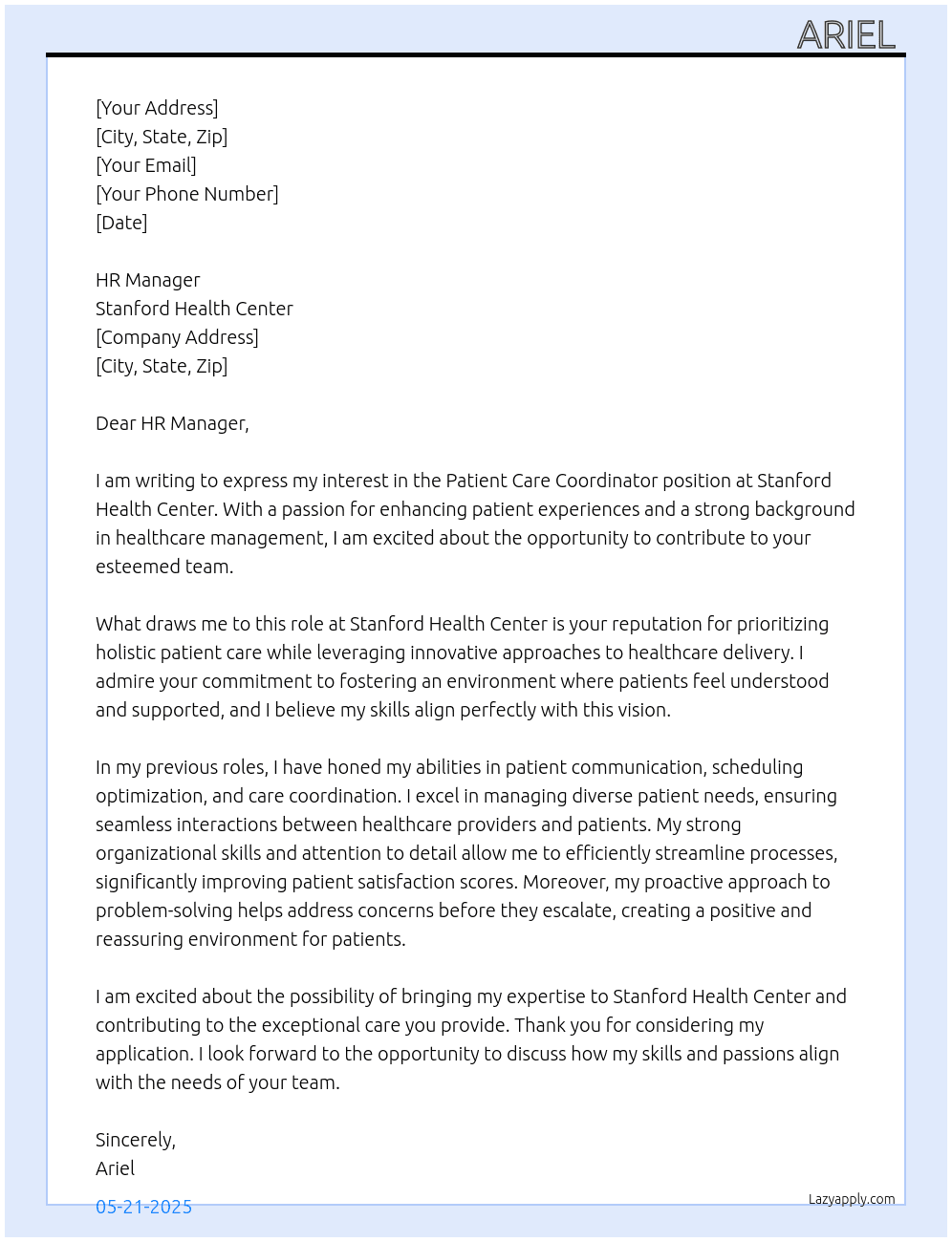 Patient Care Coordinator  At Stanford Health Center Cover Letter