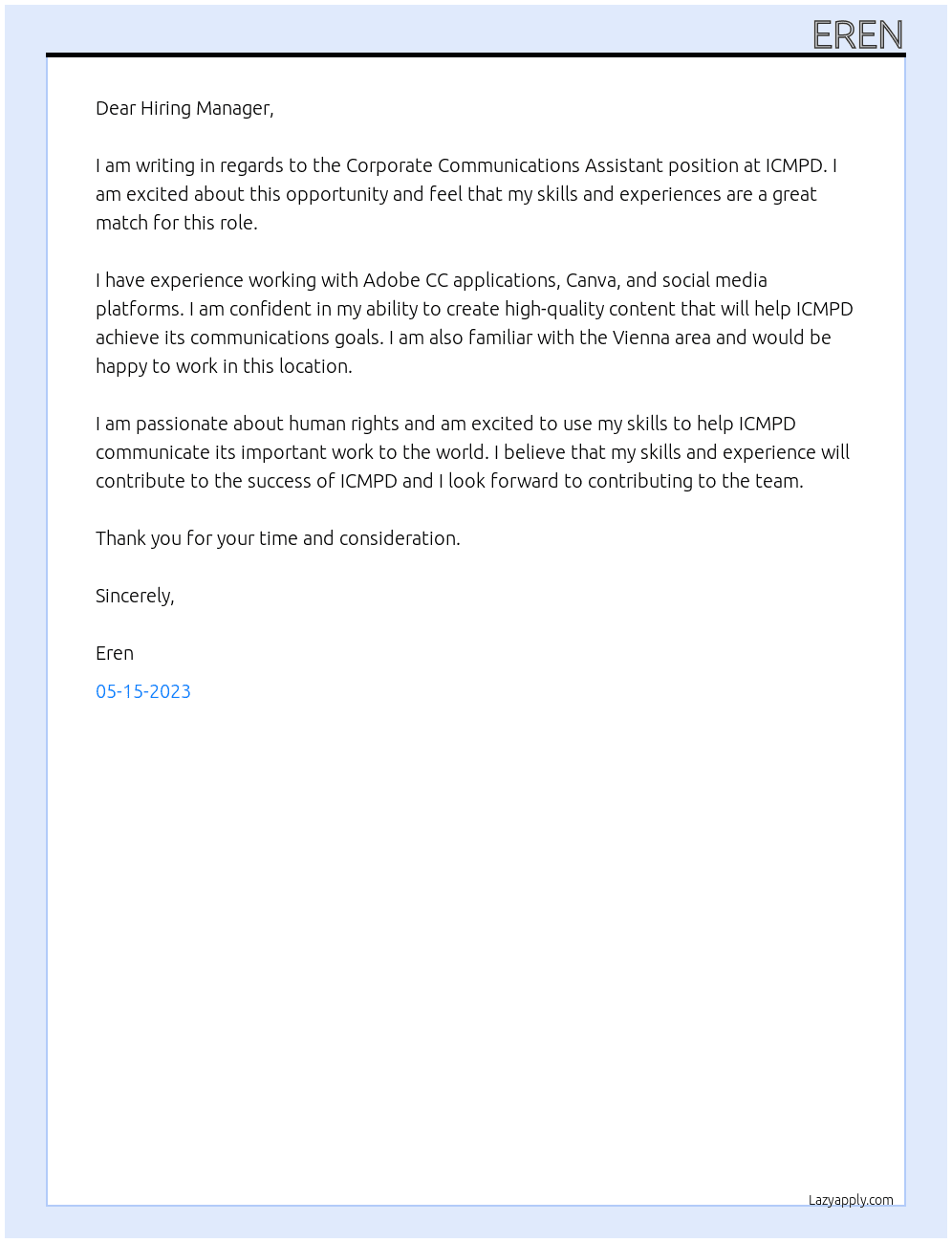 Corporate Communications Assistant At ICMPD Cover Letter