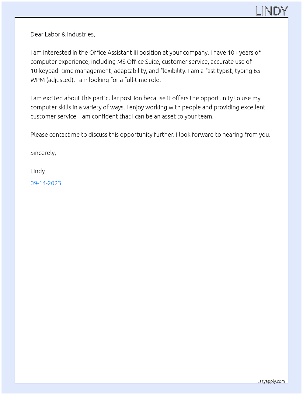 Office Assistant III At Labor & Industries Cover Letter