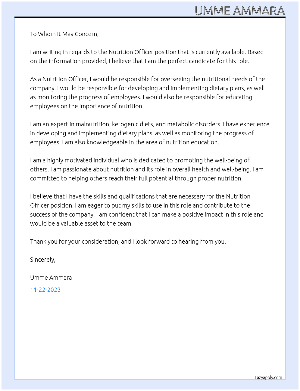 Nutrition officer  At Nutrition department  Cover Letter