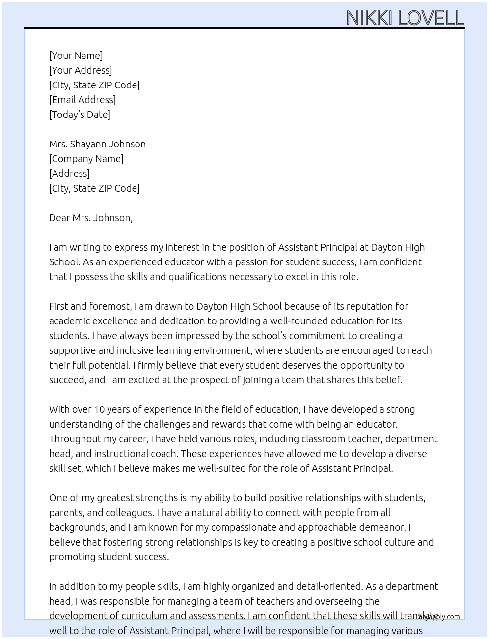 Assistant Principal At Dayton High School Cover Letter